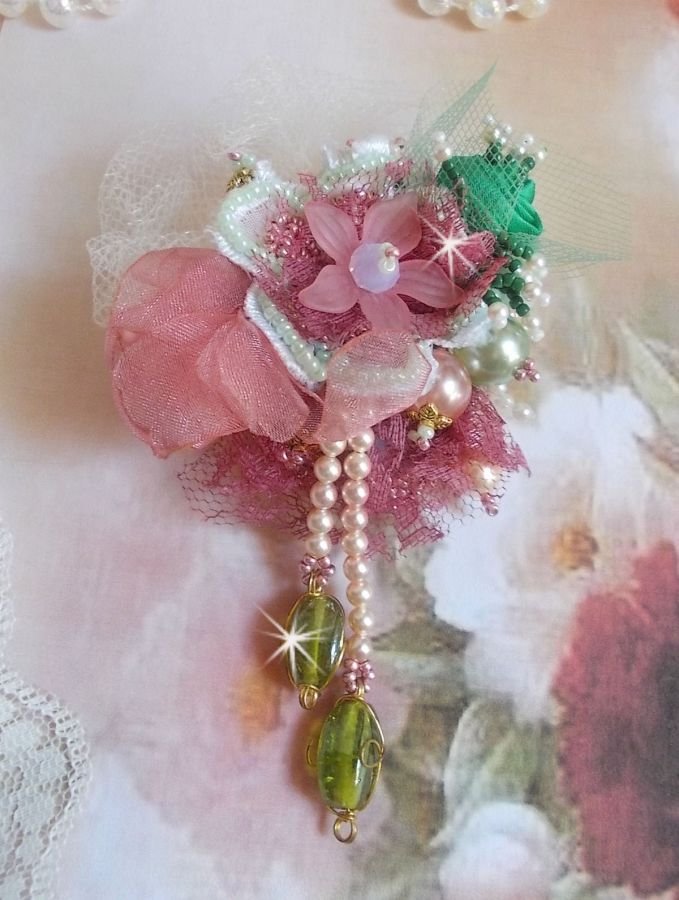 Soft Powdered brooch created with lace, organza ribbon, Swarovski beads, glass beads and seed beads 