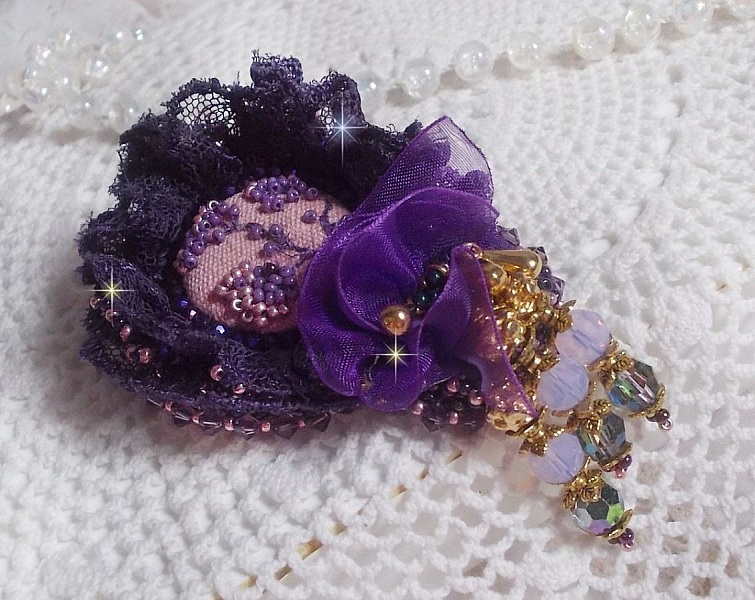 Romantic Lady brooch embroidered with 1950's purple lace, crystals, seed beads and glass beads