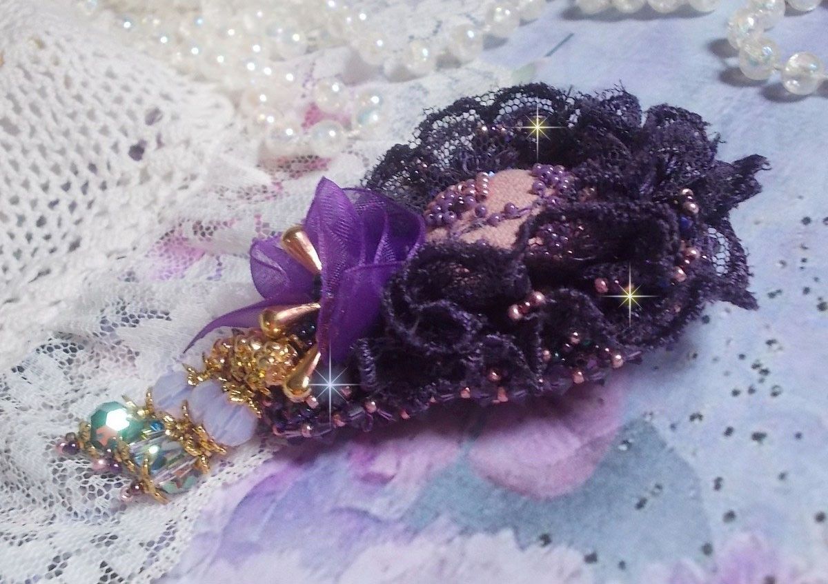 Romantic Lady brooch embroidered with 1950's purple lace, crystals, seed beads and glass beads