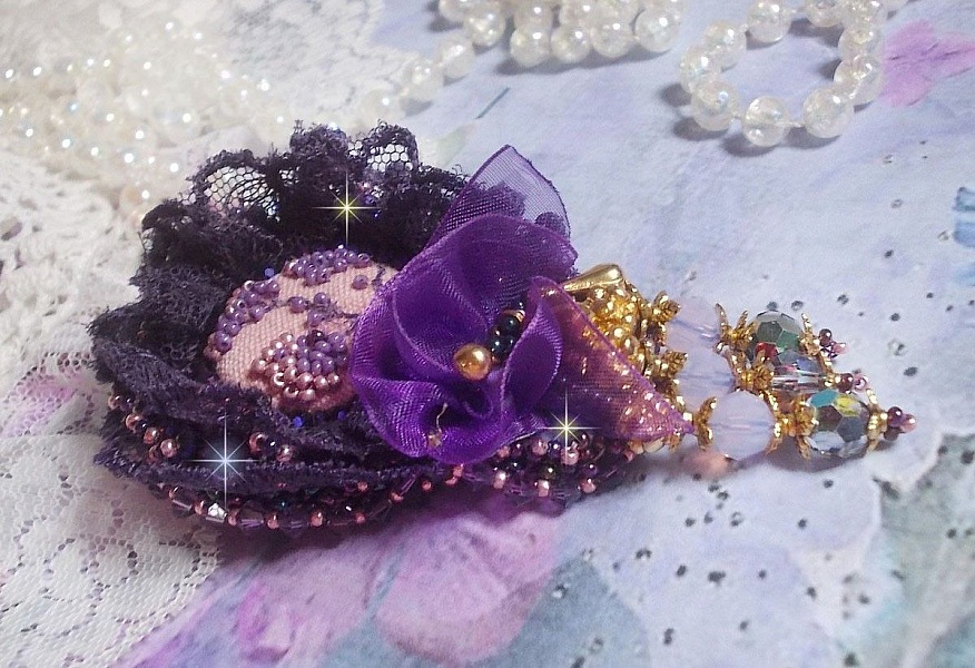 Romantic Lady brooch embroidered with 1950's purple lace, crystals, seed beads and glass beads