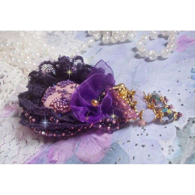 Romantic Lady brooch embroidered with 1950's purple lace, crystals, seed beads and glass beads