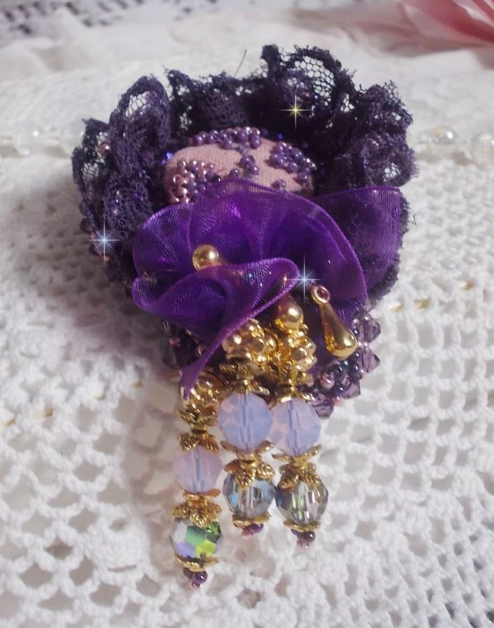 Romantic Lady brooch embroidered with 1950's purple lace, crystals, seed beads and glass beads