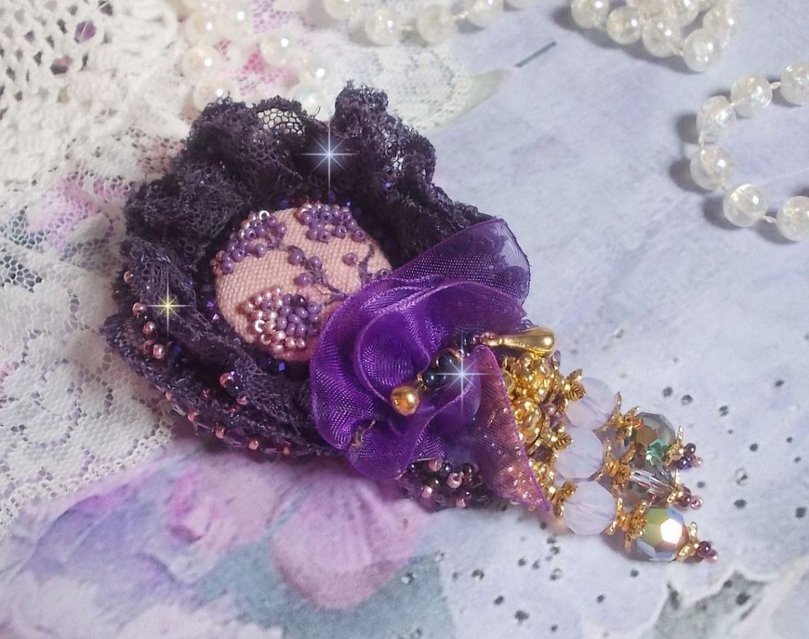 Romantic Lady brooch embroidered with 1950's purple lace, crystals, seed beads and glass beads