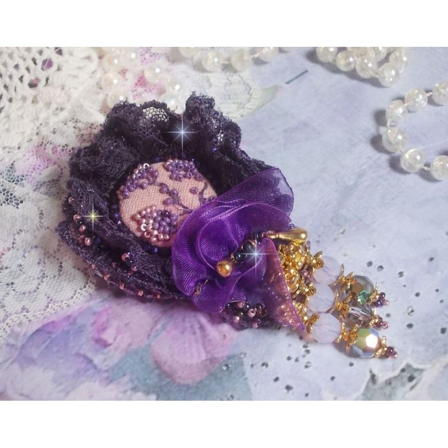 Romantic Lady brooch embroidered with 1950's purple lace, crystals, seed beads and glass beads