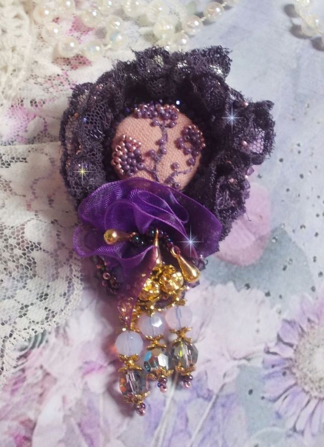 Romantic Lady brooch embroidered with 1950's purple lace, crystals, seed beads and glass beads