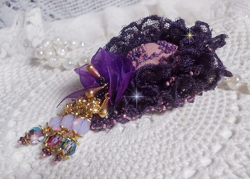 Romantic Lady brooch embroidered with 1950's purple lace, crystals, seed beads and glass beads