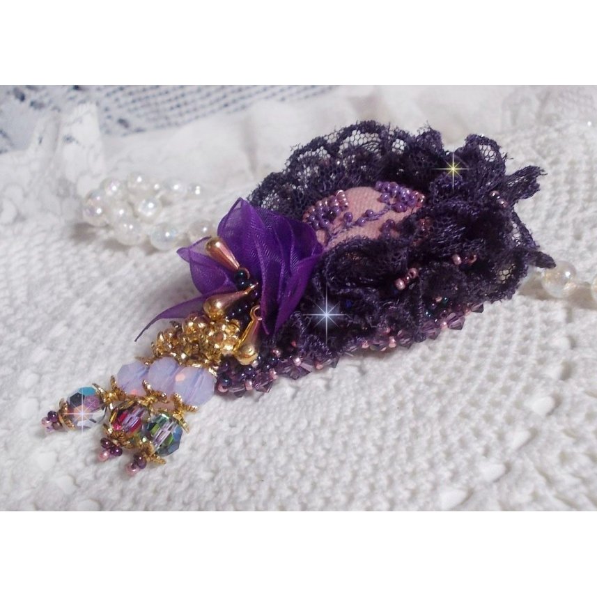 Romantic Lady brooch embroidered with 1950's purple lace, crystals, seed beads and glass beads