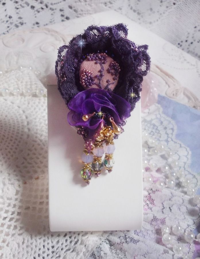 Romantic Lady brooch embroidered with 1950's purple lace, crystals, seed beads and glass beads