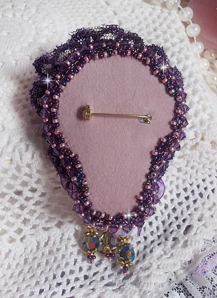 Romantic Lady brooch embroidered with 1950's purple lace, crystals, seed beads and glass beads