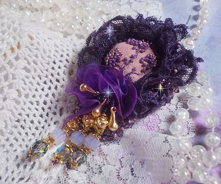Romantic Lady brooch embroidered with 1950's purple lace, crystals, seed beads and glass beads