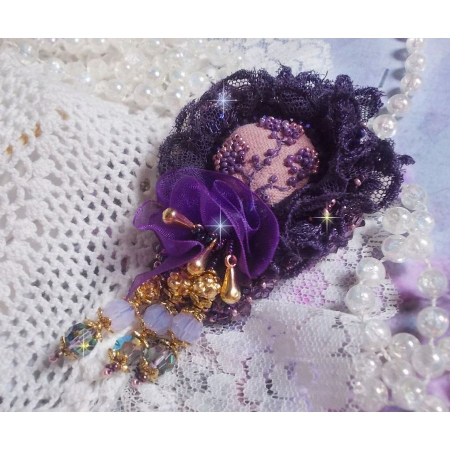 Romantic Lady brooch embroidered with 1950's purple lace, crystals, seed beads and glass beads