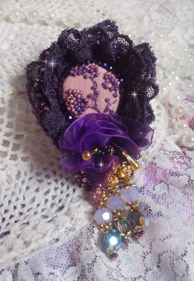 Romantic Lady brooch embroidered with 1950's purple lace, crystals, seed beads and glass beads