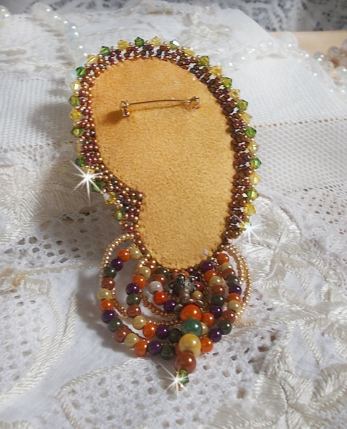 Venetian moon brooch embroidered with silk ribbon, magic beads and Swarovski crystals