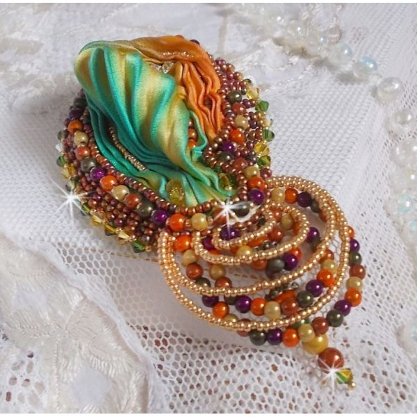 Venetian moon brooch embroidered with silk ribbon, magic beads and Swarovski crystals