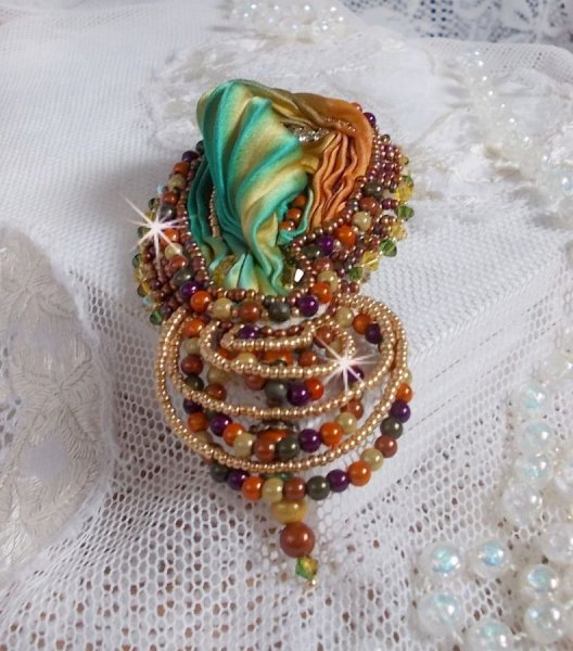 Venetian moon brooch embroidered with silk ribbon, magic beads and Swarovski crystals