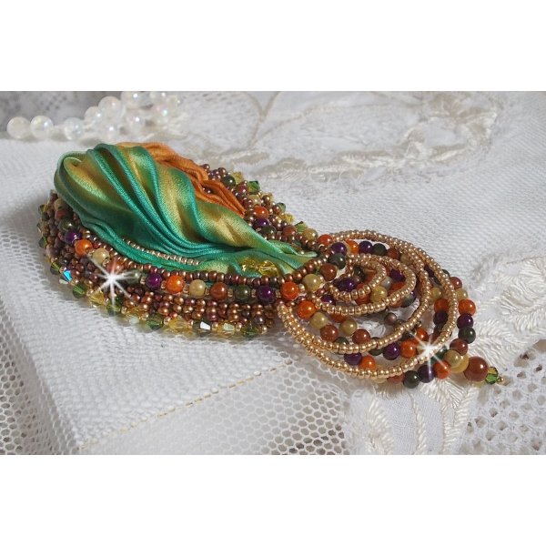 Venetian moon brooch embroidered with silk ribbon, magic beads and Swarovski crystals