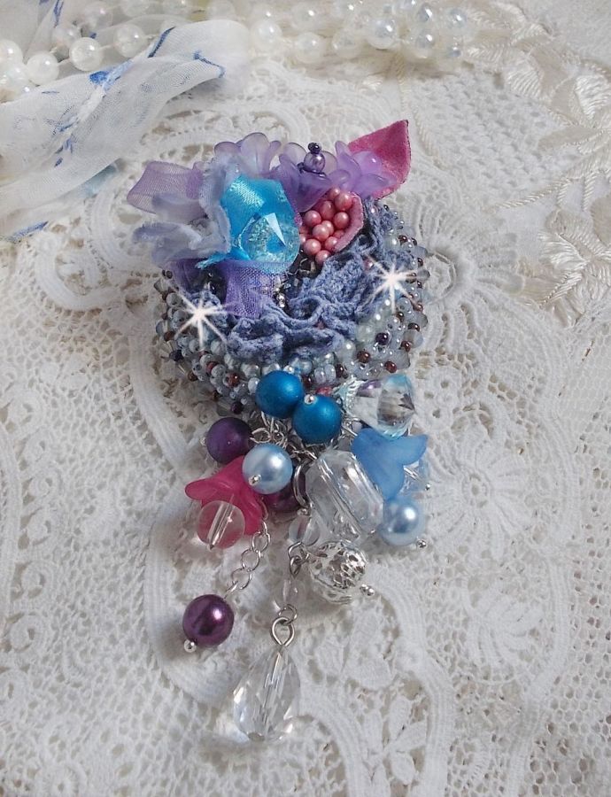 Mademoisellle Bluse Haute-couture brooch embroidered with Swarovski crystals, pearly beads, Lucite flowers and beautiful seed beads