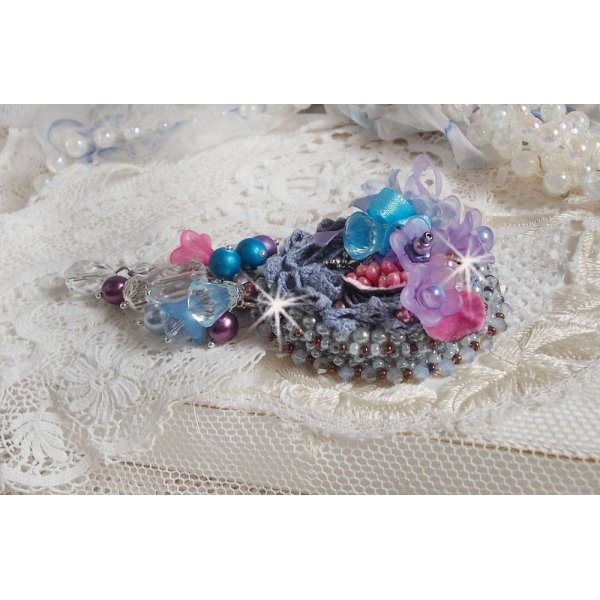 Mademoisellle Bluse Haute-couture brooch embroidered with Swarovski crystals, pearly beads, Lucite flowers and beautiful seed beads