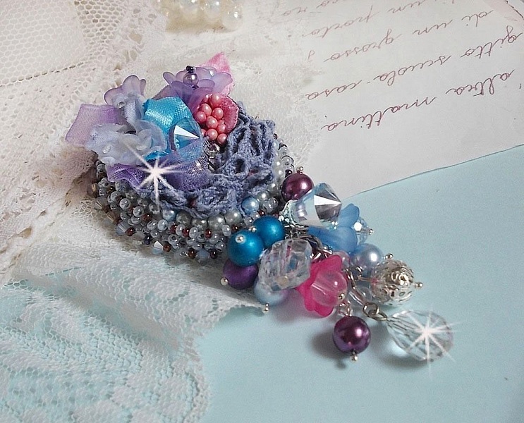 Mademoisellle Bluse Haute-couture brooch embroidered with Swarovski crystals, pearly beads, Lucite flowers and beautiful seed beads