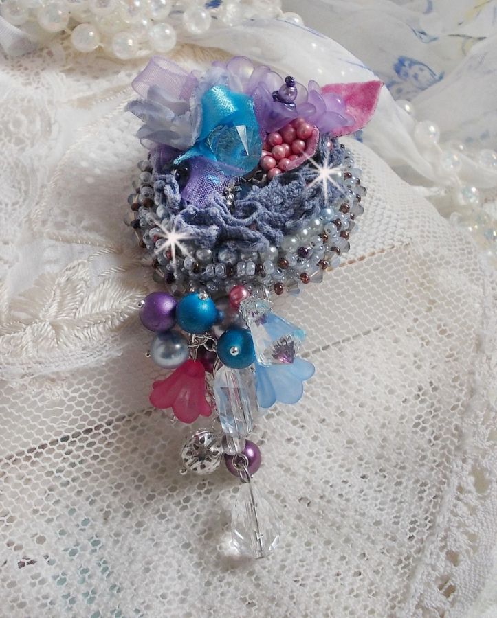 Mademoisellle Bluse Haute-couture brooch embroidered with Swarovski crystals, pearly beads, Lucite flowers and beautiful seed beads