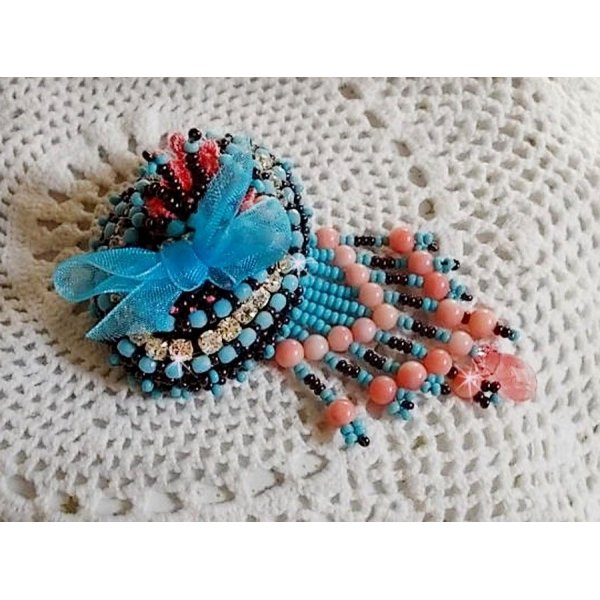 Naiad brooch embroidered with gemstone beads (Turquoise and Coral), crystals, cowhide and seed beads