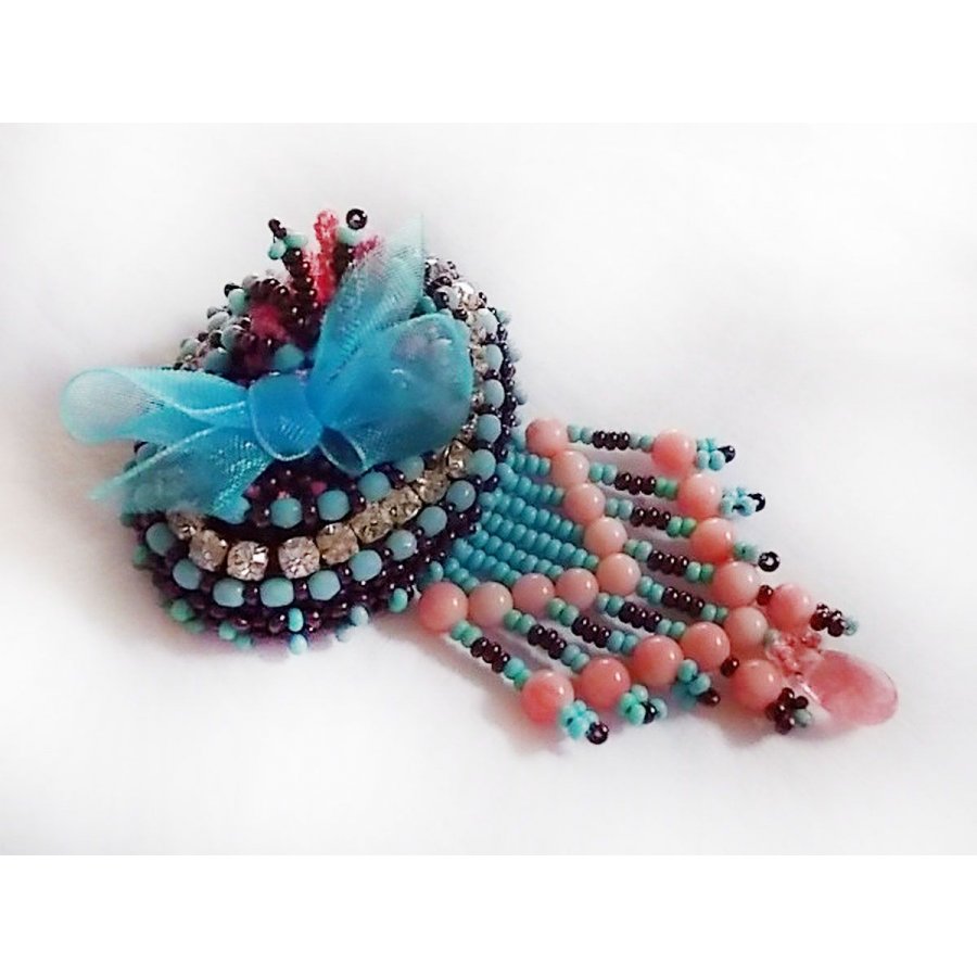 Naiad brooch embroidered with gemstone beads (Turquoise and Coral), crystals, cowhide and seed beads