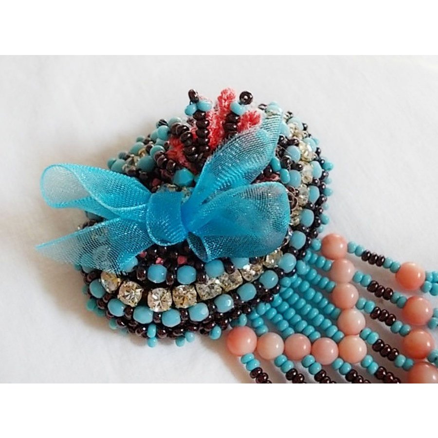 Naiad brooch embroidered with gemstone beads (Turquoise and Coral), crystals, cowhide and seed beads