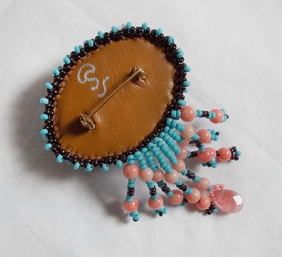 Naiad brooch embroidered with gemstone beads (Turquoise and Coral), crystals, cowhide and seed beads