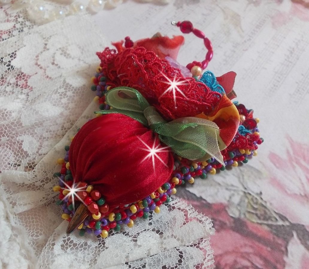 Ruby Umbrella brooch embroidered with a red silk ribbon, Swarovski crystals, Lucite flowers, Bohemian glass beads and seed beads