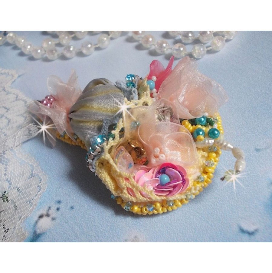 Flower Umbrella Brooch embroidered with Grey/Yellow silk ribbon, Swarovski crystals, Lucite flowers, Mother of Pearl beads, lace and seed beads