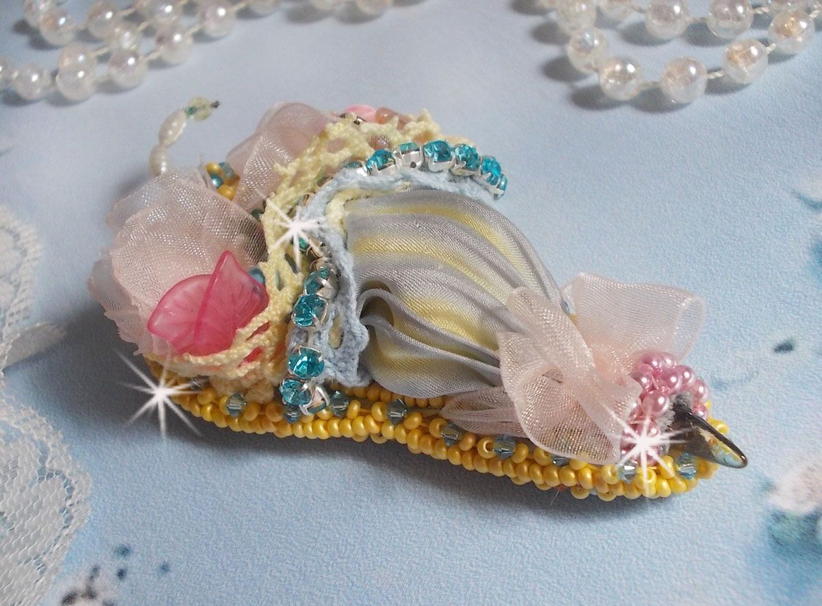 Flower Umbrella Brooch embroidered with Grey/Yellow silk ribbon, Swarovski crystals, Lucite flowers, Mother of Pearl beads, lace and seed beads