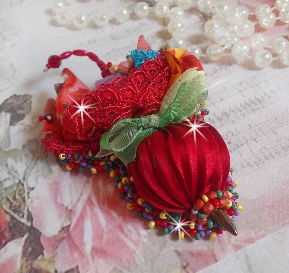 Ruby Umbrella brooch embroidered with a red silk ribbon, Swarovski crystals, Lucite flowers, Bohemian glass beads and seed beads