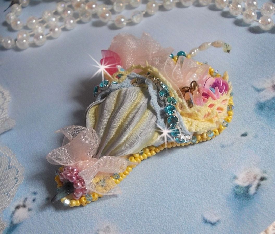 Flower Umbrella Brooch embroidered with Grey/Yellow silk ribbon, Swarovski crystals, Lucite flowers, Mother of Pearl beads, lace and seed beads