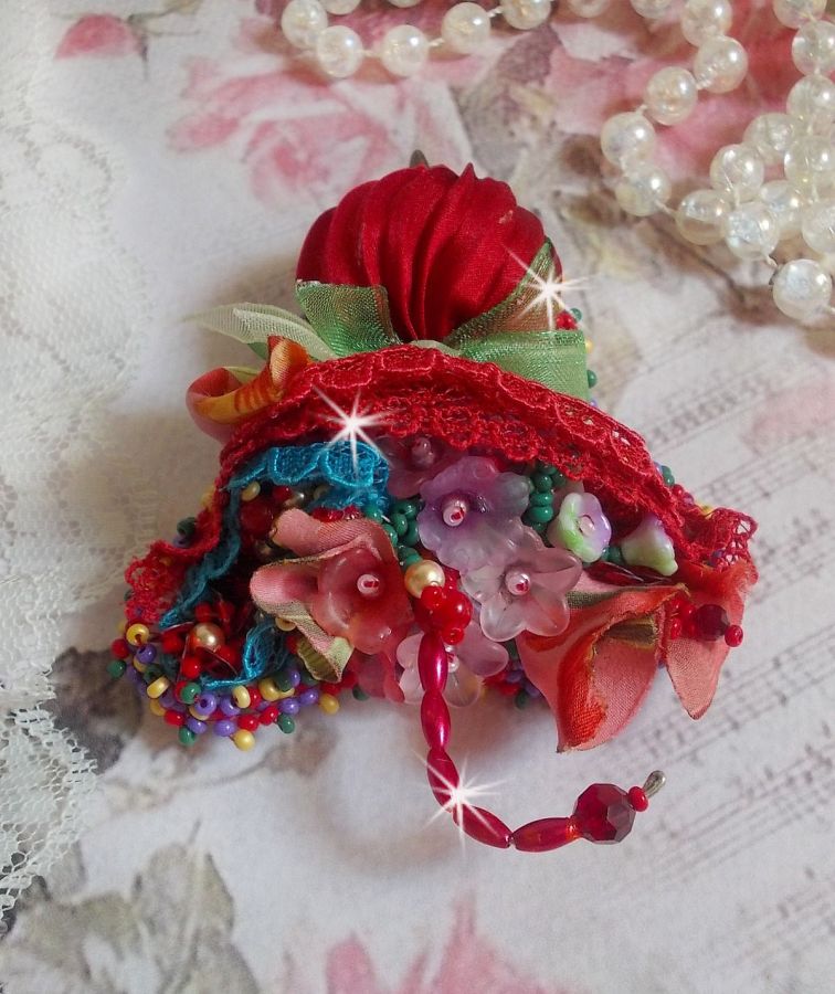 Ruby Umbrella brooch embroidered with a red silk ribbon, Swarovski crystals, Lucite flowers, Bohemian glass beads and seed beads