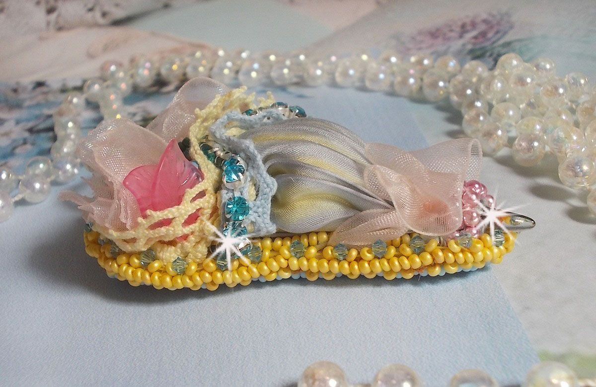 Flower Umbrella Brooch embroidered with Grey/Yellow silk ribbon, Swarovski crystals, Lucite flowers, Mother of Pearl beads, lace and seed beads