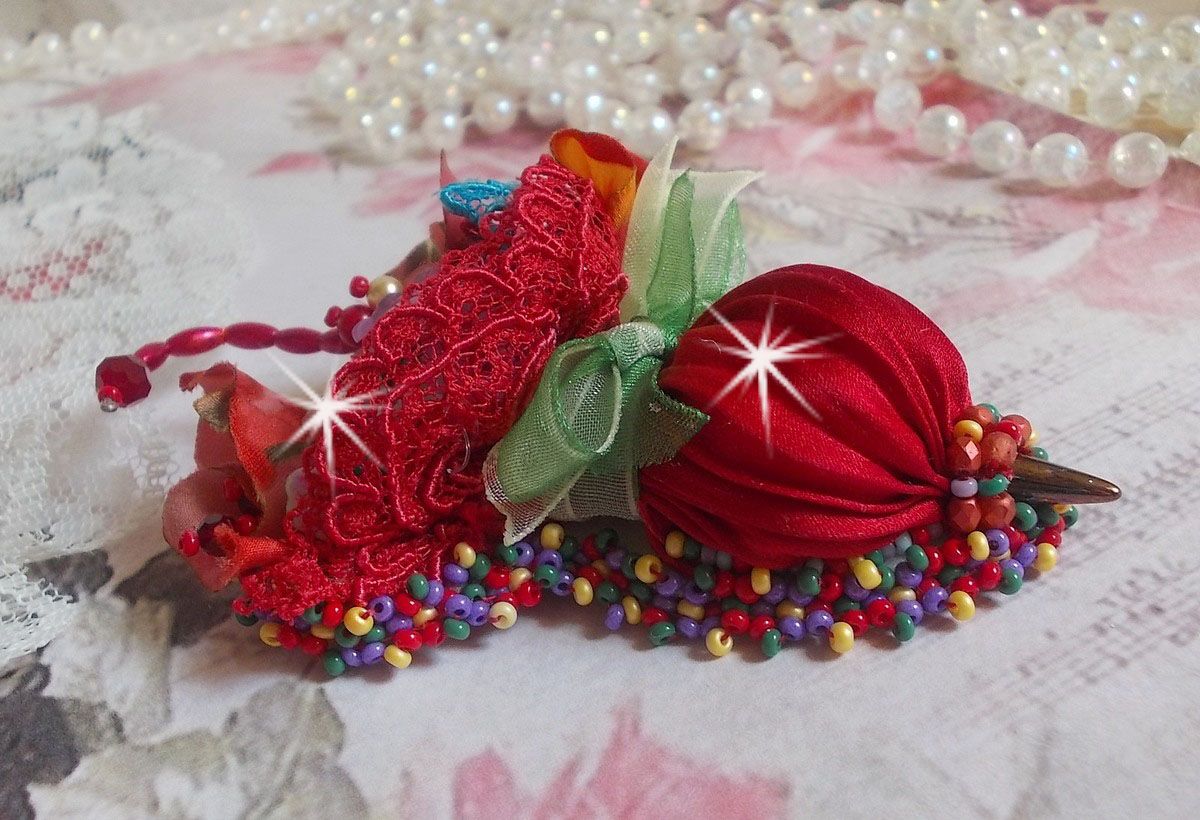 Ruby Umbrella brooch embroidered with a red silk ribbon, Swarovski crystals, Lucite flowers, Bohemian glass beads and seed beads