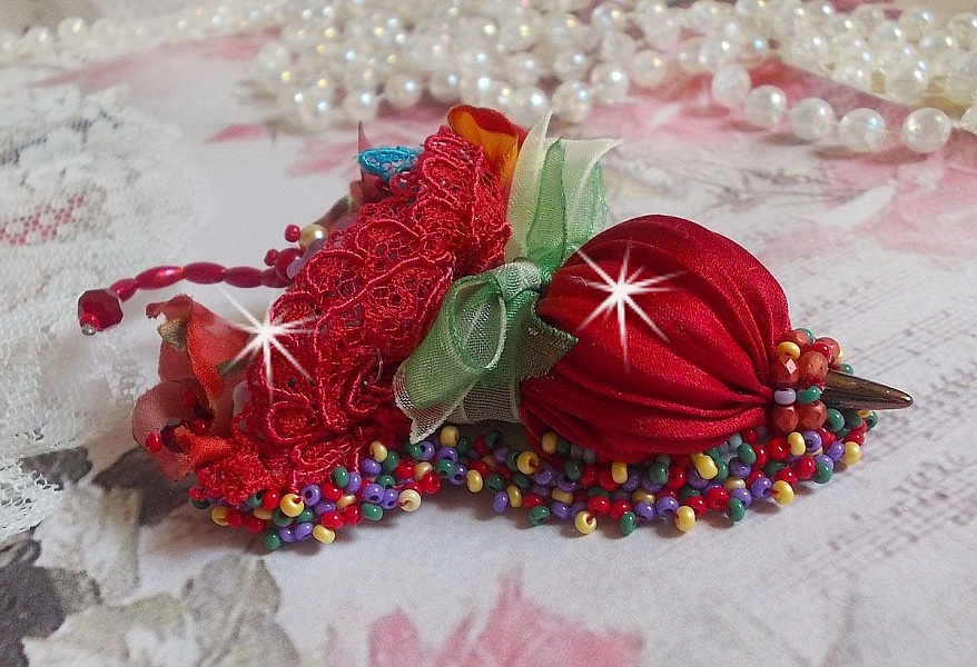 Ruby Umbrella brooch embroidered with a red silk ribbon, Swarovski crystals, Lucite flowers, Bohemian glass beads and seed beads
