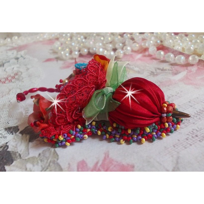 Ruby Umbrella brooch embroidered with a red silk ribbon, Swarovski crystals, Lucite flowers, Bohemian glass beads and seed beads