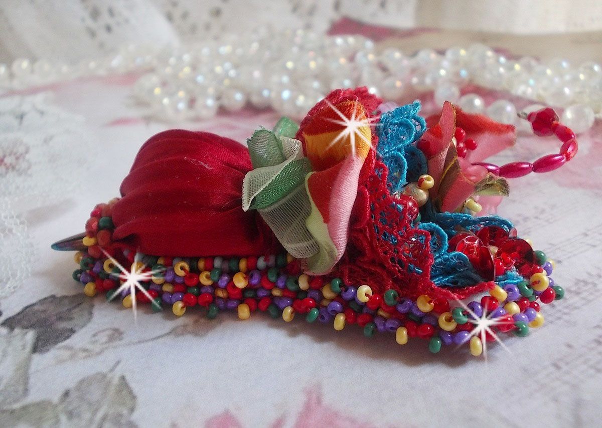 Ruby Umbrella brooch embroidered with a red silk ribbon, Swarovski crystals, Lucite flowers, Bohemian glass beads and seed beads