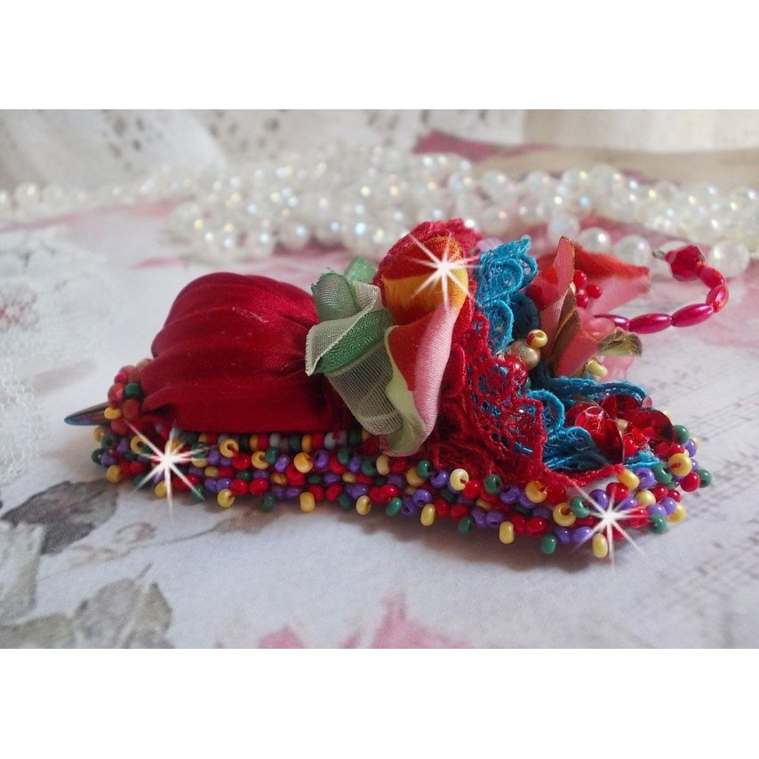 Ruby Umbrella brooch embroidered with a red silk ribbon, Swarovski crystals, Lucite flowers, Bohemian glass beads and seed beads