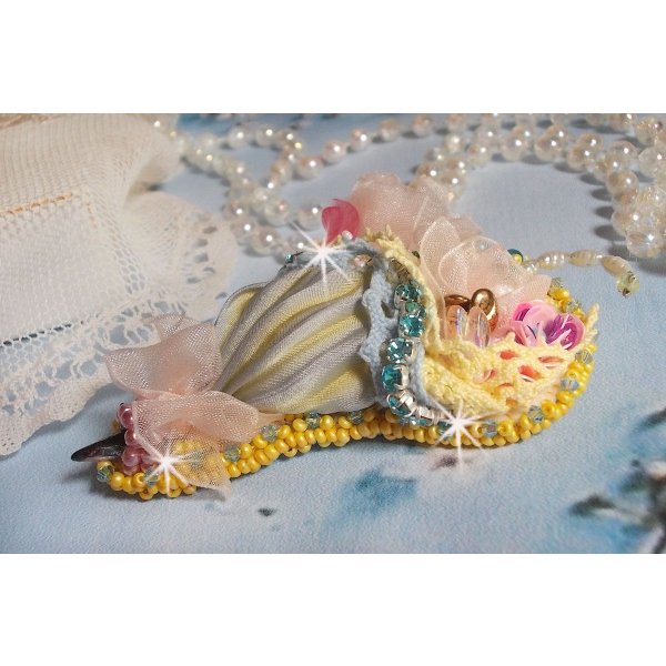 Flower Umbrella Brooch embroidered with Grey/Yellow silk ribbon, Swarovski crystals, Lucite flowers, Mother of Pearl beads, lace and seed beads