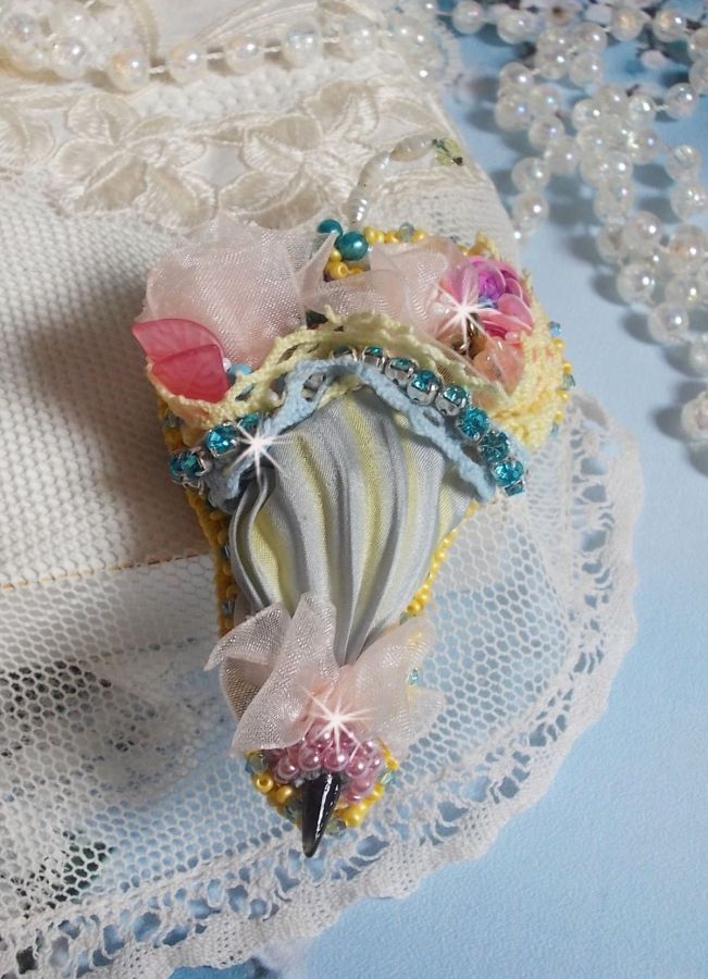 Flower Umbrella Brooch embroidered with Grey/Yellow silk ribbon, Swarovski crystals, Lucite flowers, Mother of Pearl beads, lace and seed beads