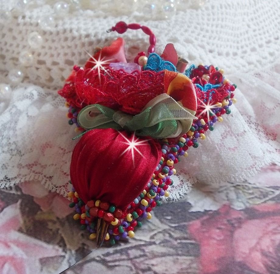 Ruby Umbrella brooch embroidered with a red silk ribbon, Swarovski crystals, Lucite flowers, Bohemian glass beads and seed beads