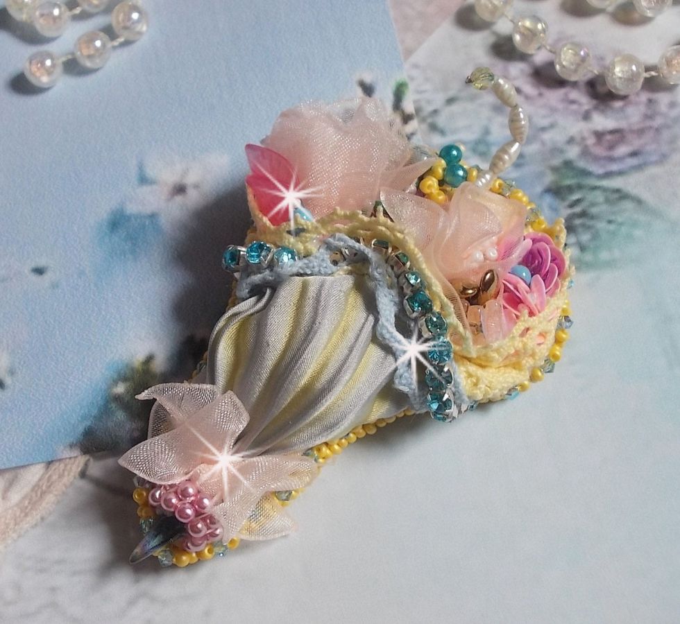 Flower Umbrella Brooch embroidered with Grey/Yellow silk ribbon, Swarovski crystals, Lucite flowers, Mother of Pearl beads, lace and seed beads