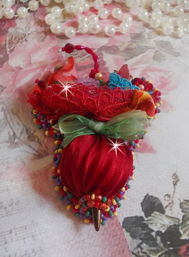 Ruby Umbrella brooch embroidered with a red silk ribbon, Swarovski crystals, Lucite flowers, Bohemian glass beads and seed beads