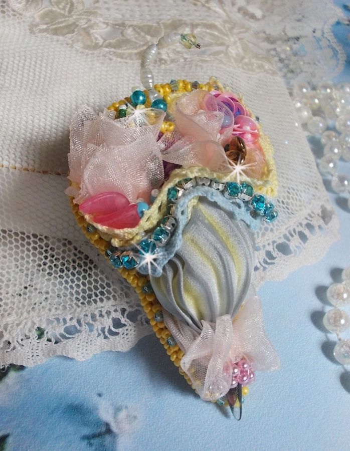 Flower Umbrella Brooch embroidered with Grey/Yellow silk ribbon, Swarovski crystals, Lucite flowers, Mother of Pearl beads, lace and seed beads