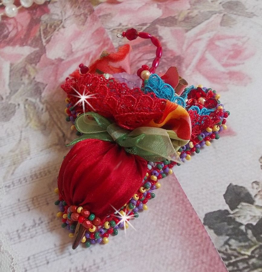 Ruby Umbrella brooch embroidered with a red silk ribbon, Swarovski crystals, Lucite flowers, Bohemian glass beads and seed beads