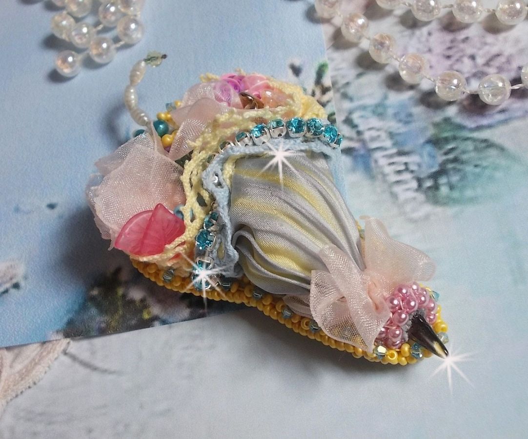 Flower Umbrella Brooch embroidered with Grey/Yellow silk ribbon, Swarovski crystals, Lucite flowers, Mother of Pearl beads, lace and seed beads