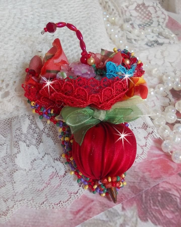 Ruby Umbrella brooch embroidered with a red silk ribbon, Swarovski crystals, Lucite flowers, Bohemian glass beads and seed beads