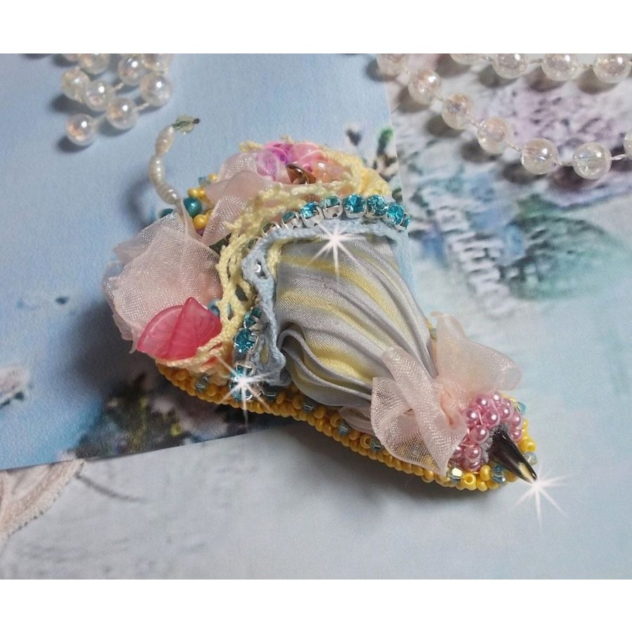 Flower Umbrella Brooch embroidered with Grey/Yellow silk ribbon, Swarovski crystals, Lucite flowers, Mother of Pearl beads, lace and seed beads